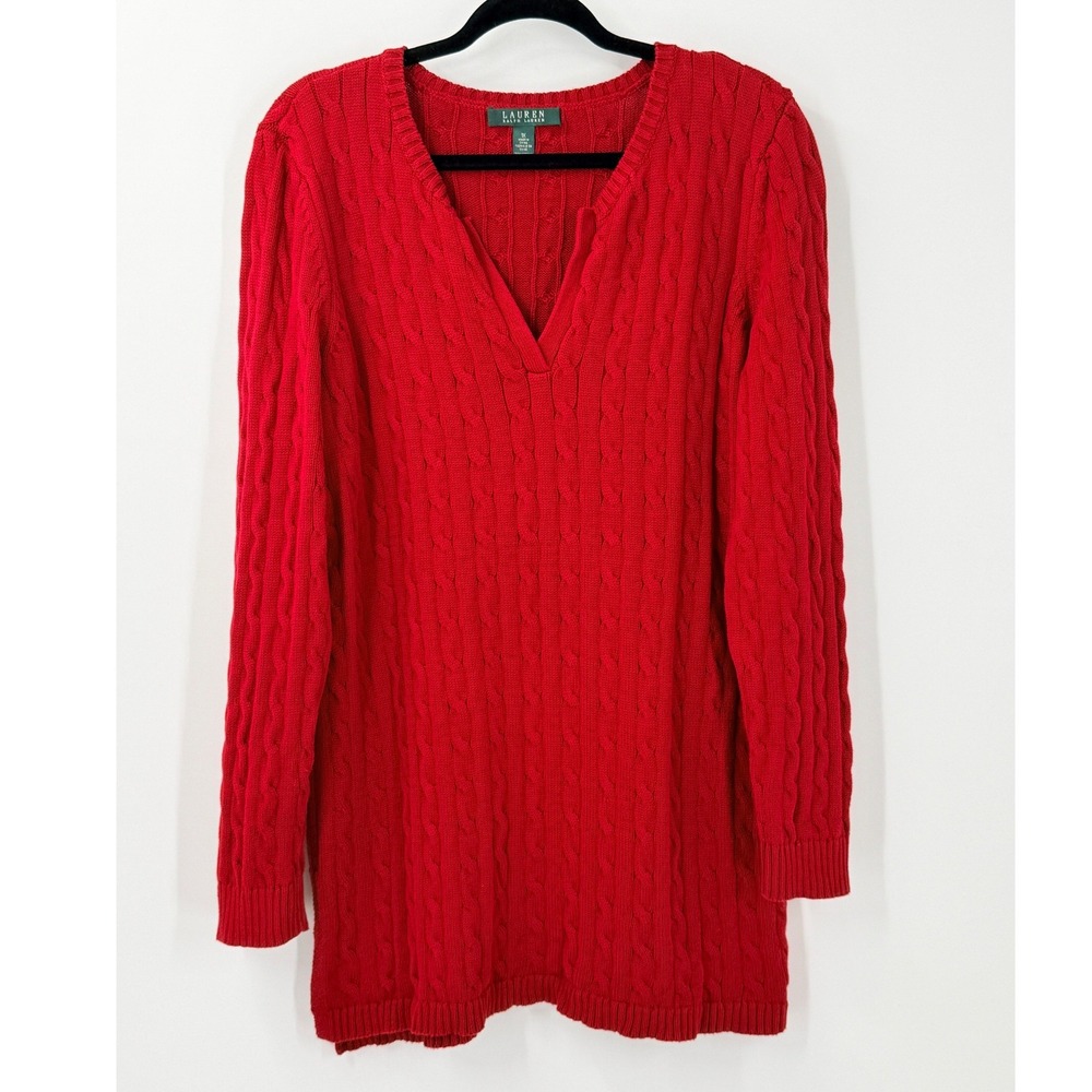 LRL Ralph Lauren Red Cable Knit Cotton‎ Sweater SZ 1X Holiday Christmas preppy